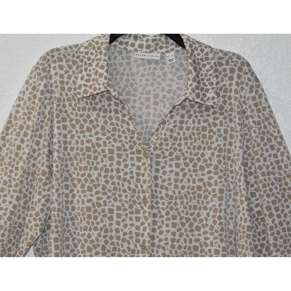 Susan Graver XL Stretch Blouse Button Front Mosaic Print 3/4 Sleeve Tan White - Picture 15 of 16